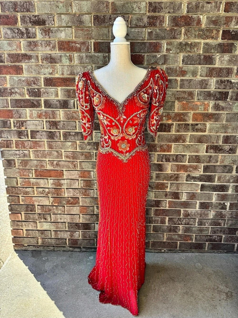 Vintage 80s LANDA Red Silk Beaded Gown – Flawless Hand-Beading
